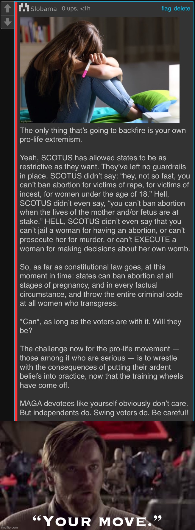 The demise of Roe should force a reckoning among pro-lifers as they grapple with how to apply their own beliefs. | “Your move.” | image tagged in obi-wan kenobi your move,pro-choice,pro-life,abortion,roe v wade,conservative logic | made w/ Imgflip meme maker