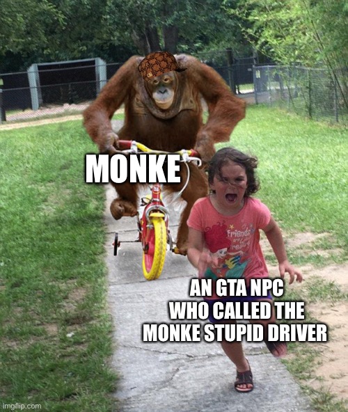 The Monke Cruising Around Los Santos | MONKE; AN GTA NPC WHO CALLED THE MONKE STUPID DRIVER | image tagged in orangutan chasing girl on a tricycle | made w/ Imgflip meme maker