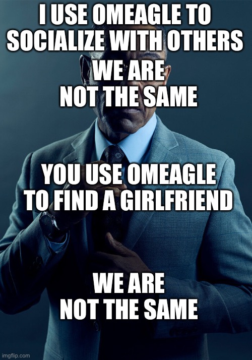 Gus Fring we are not the same | I USE OMEAGLE TO SOCIALIZE WITH OTHERS; WE ARE NOT THE SAME; YOU USE OMEAGLE TO FIND A GIRLFRIEND; WE ARE NOT THE SAME | image tagged in gus fring we are not the same | made w/ Imgflip meme maker