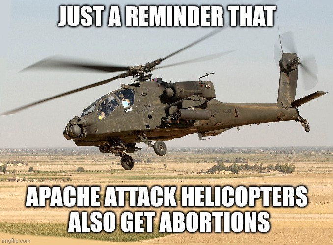 Apache roe vs wade | JUST A REMINDER THAT; APACHE ATTACK HELICOPTERS
 ALSO GET ABORTIONS | image tagged in abortion,roevswade,nonbinary | made w/ Imgflip meme maker