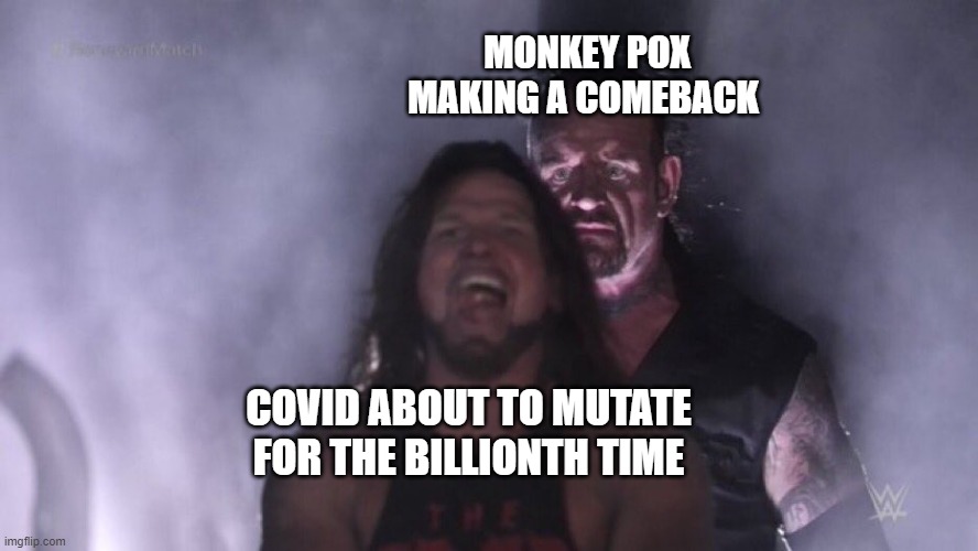 Hmmmmmmmmmmmmmmmmmmmm | MONKEY POX MAKING A COMEBACK; COVID ABOUT TO MUTATE FOR THE BILLIONTH TIME | image tagged in aj styles undertaker | made w/ Imgflip meme maker