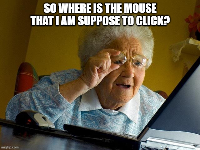 Ambiguity of the word 'Mouse' confuses Gogo. | SO WHERE IS THE MOUSE THAT I AM SUPPOSE TO CLICK? | image tagged in memes,grandma finds the internet | made w/ Imgflip meme maker