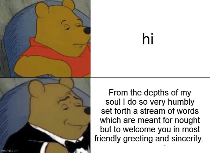 heehee | hi; From the depths of my soul I do so very humbly set forth a stream of words which are meant for nought but to welcome you in most friendly greeting and sincerity. | image tagged in memes,tuxedo winnie the pooh | made w/ Imgflip meme maker