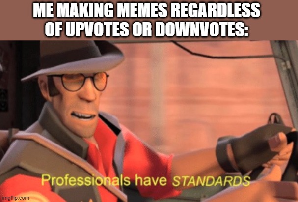 Professionals have standards | ME MAKING MEMES REGARDLESS OF UPVOTES OR DOWNVOTES: | image tagged in professionals have standards | made w/ Imgflip meme maker