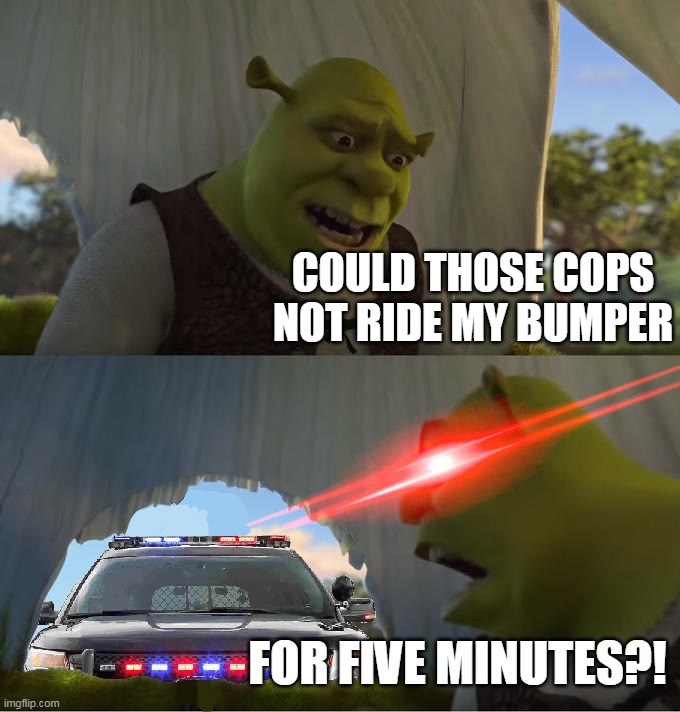 Doing the Speed Limit, but It Makes Me Nervous | COULD THOSE COPS NOT RIDE MY BUMPER; FOR FIVE MINUTES?! | image tagged in meme,memes,humor,relatable,police,cops | made w/ Imgflip meme maker