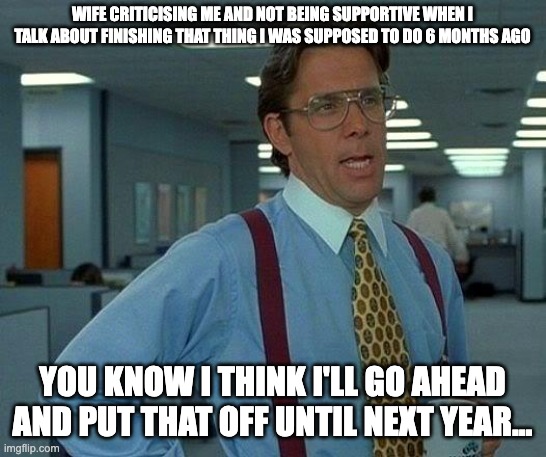 procrastinating | WIFE CRITICISING ME AND NOT BEING SUPPORTIVE WHEN I TALK ABOUT FINISHING THAT THING I WAS SUPPOSED TO DO 6 MONTHS AGO; YOU KNOW I THINK I'LL GO AHEAD AND PUT THAT OFF UNTIL NEXT YEAR... | image tagged in memes,that would be great,wife | made w/ Imgflip meme maker