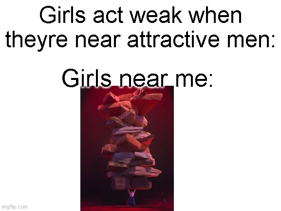 :( | Girls act weak when theyre near attractive men:; Girls near me: | image tagged in blank white template | made w/ Imgflip meme maker