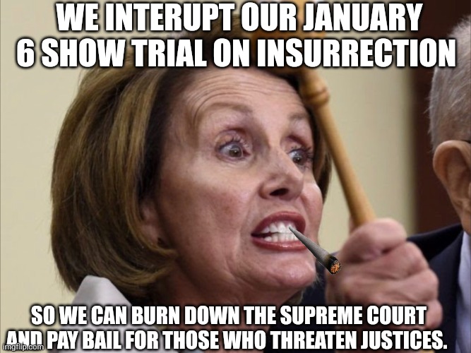Bancy Nitch is insipid | WE INTERUPT OUR JANUARY 6 SHOW TRIAL ON INSURRECTION; SO WE CAN BURN DOWN THE SUPREME COURT AND PAY BAIL FOR THOSE WHO THREATEN JUSTICES. | image tagged in nancy pelosi is crazy,stupid liberals,weakness,abortion is murder,god,liberal logic | made w/ Imgflip meme maker