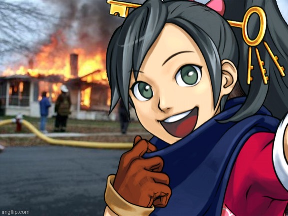Kay Faraday Selfie meme | image tagged in ace attorney,disaster girl | made w/ Imgflip meme maker