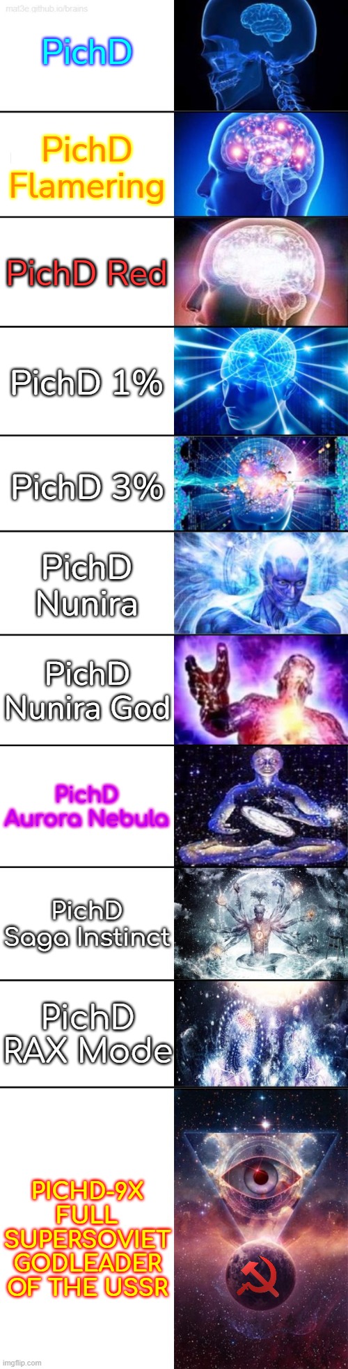 Expanding Brain (Full Template) | PichD; PichD Flamering; PichD Red; PichD 1%; PichD 3%; PichD Nunira; PichD Nunira God; PichD Aurora Nebula; PichD Saga Instinct; PichD RAX Mode; PICHD-9X FULL SUPERSOVIET GODLEADER OF THE USSR | image tagged in expanding brain full template | made w/ Imgflip meme maker
