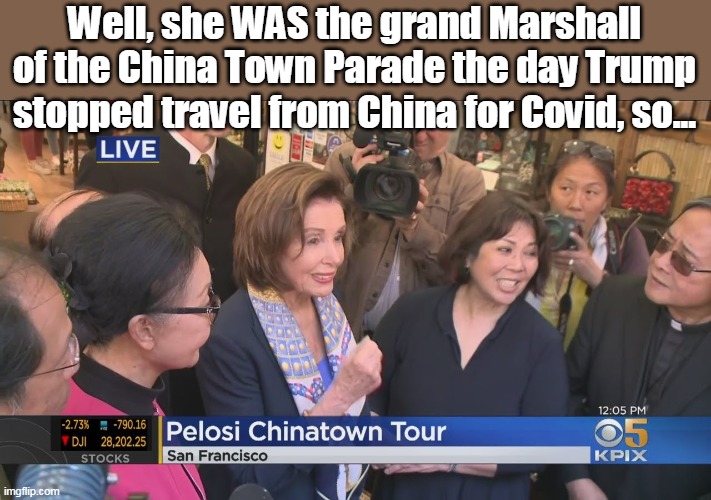 Well, she WAS the grand Marshall of the China Town Parade the day Trump stopped travel from China for Covid, so... | made w/ Imgflip meme maker