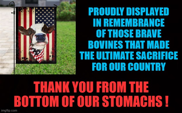 Wide black blank meme template | PROUDLY DISPLAYED
IN REMEMBRANCE OF THOSE BRAVE BOVINES THAT MADE THE ULTIMATE SACRIFICE
FOR OUR COUNTRY THANK YOU FROM THE BOTTOM OF OUR ST | image tagged in wide black blank meme template | made w/ Imgflip meme maker