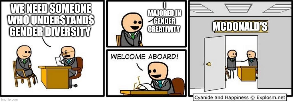 Job Interview | I MAJORED IN GENDER CREATIVITY; WE NEED SOMEONE WHO UNDERSTANDS GENDER DIVERSITY; MCDONALD'S | image tagged in job interview | made w/ Imgflip meme maker
