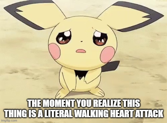 Sad pichu | THE MOMENT YOU REALIZE THIS THING IS A LITERAL WALKING HEART ATTACK | image tagged in sad pichu | made w/ Imgflip meme maker