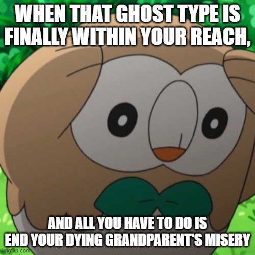Rowlet Meme Template | WHEN THAT GHOST TYPE IS FINALLY WITHIN YOUR REACH, AND ALL YOU HAVE TO DO IS END YOUR DYING GRANDPARENT'S MISERY | image tagged in rowlet meme template | made w/ Imgflip meme maker