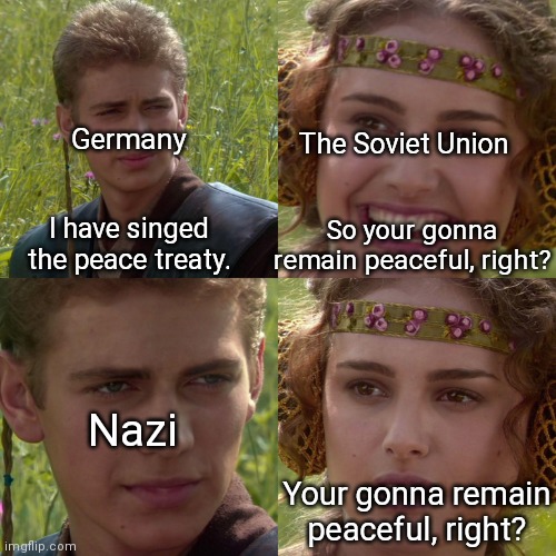 If there's anything wrong. I don't care | The Soviet Union; Germany; So your gonna remain peaceful, right? I have singed the peace treaty. Nazi; Your gonna remain peaceful, right? | image tagged in anakin padme 4 panel,ww2,nazi,germany,russia,soviet union | made w/ Imgflip meme maker