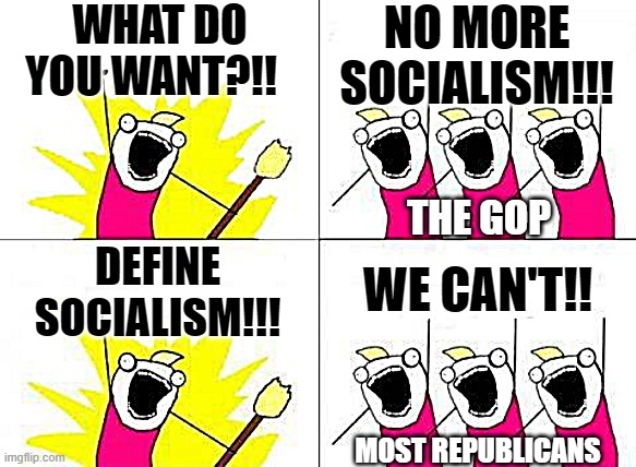 Just about every republican I've ever talked to... | WHAT DO YOU WANT?!! NO MORE SOCIALISM!!! THE GOP; WE CAN'T!! DEFINE SOCIALISM!!! MOST REPUBLICANS | image tagged in memes,what do we want | made w/ Imgflip meme maker