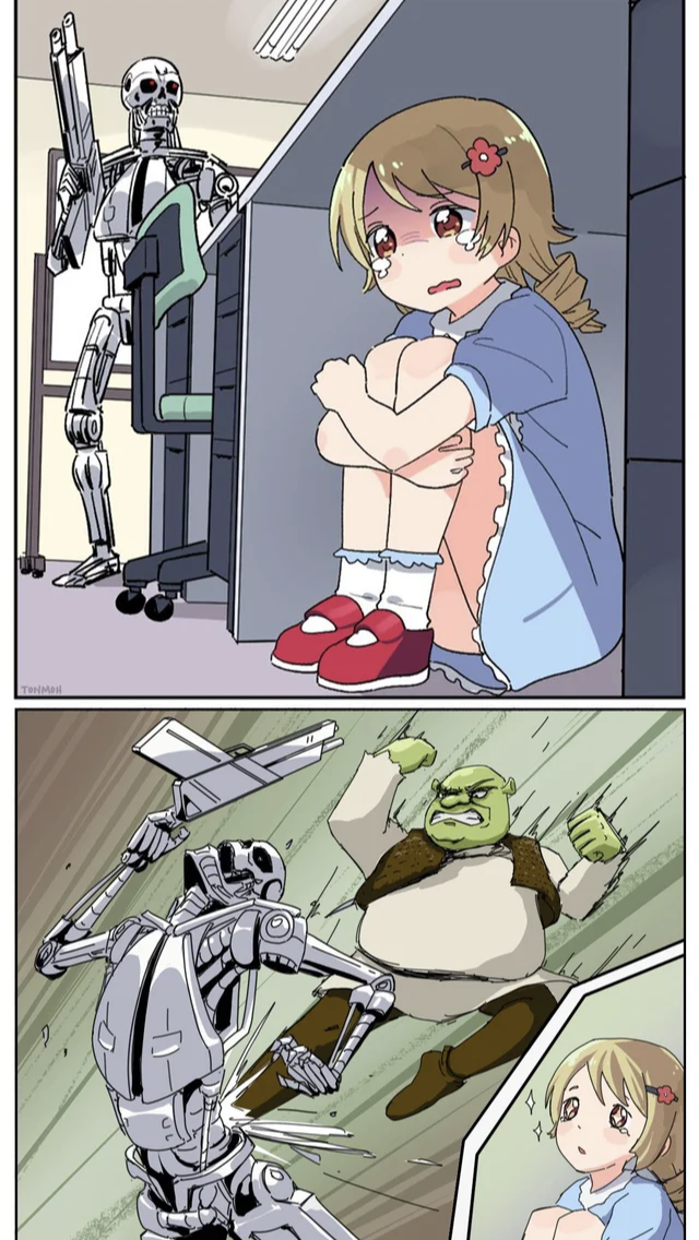 Shrek obliterating terminator hunting a little girl under a tabl Blank Meme Template