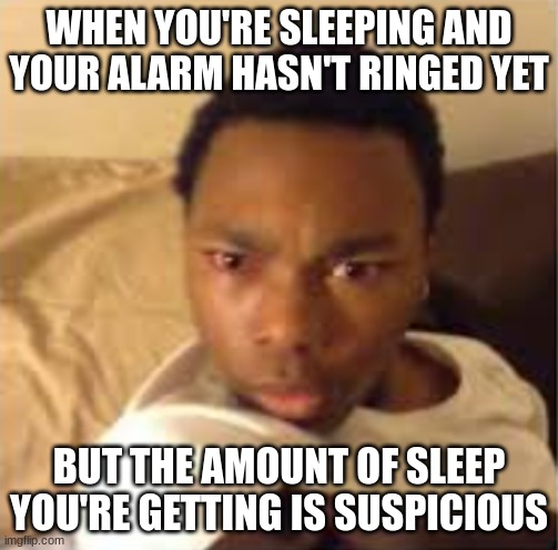 This is relatable | WHEN YOU'RE SLEEPING AND YOUR ALARM HASN'T RINGED YET; BUT THE AMOUNT OF SLEEP YOU'RE GETTING IS SUSPICIOUS | image tagged in relatable,alarm,sleep,suspicious | made w/ Imgflip meme maker