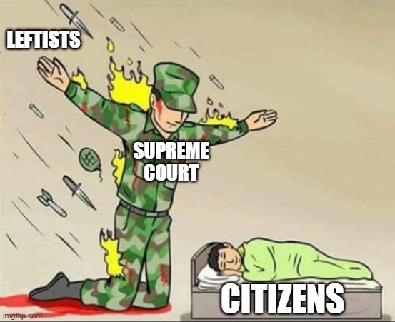 Get it?  Got It?  GOOD! | LEFTISTS; SUPREME COURT; CITIZENS | image tagged in soldier protecting sleeping child | made w/ Imgflip meme maker