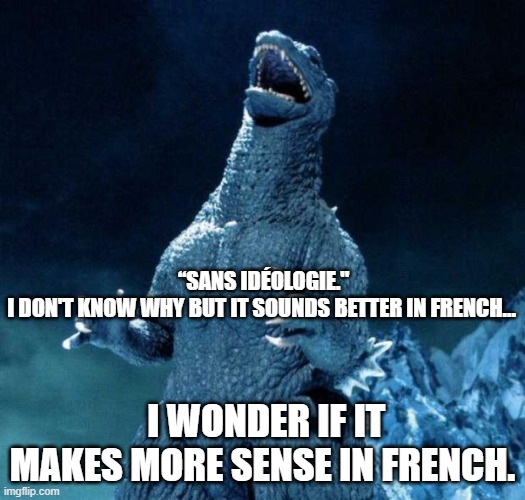 sans ideologie | “SANS IDÉOLOGIE."
I DON'T KNOW WHY BUT IT SOUNDS BETTER IN FRENCH…; I WONDER IF IT MAKES MORE SENSE IN FRENCH. | image tagged in laughing godzilla | made w/ Imgflip meme maker