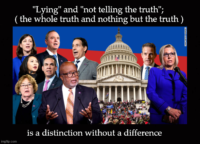 "lying" and "not telling the truth" |  "Lying" and "not telling the truth"; 
( the whole truth and nothing but the truth ); is a distinction without a difference | image tagged in january 6 committee | made w/ Imgflip meme maker
