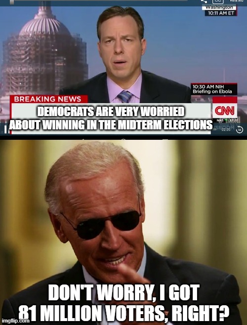 DEMOCRATS ARE VERY WORRIED ABOUT WINNING IN THE MIDTERM ELECTIONS; DON'T WORRY, I GOT 81 MILLION VOTERS, RIGHT? | image tagged in cnn breaking news template,cool joe biden | made w/ Imgflip meme maker