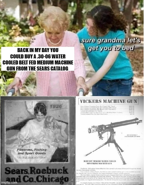 I'm not even criticizing it's just a sign of the times that we can't have nice things anymore.  : ( | BACK IN MY DAY YOU COULD BUY A .30-06 WATER COOLED BELT FED MEDIUM MACHINE GUN FROM THE SEARS CATALOG | image tagged in sure grandma let's get you to bed | made w/ Imgflip meme maker