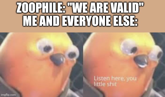 Listen here you little shit bird | ZOOPHILE: "WE ARE VALID"
ME AND EVERYONE ELSE: | image tagged in listen here you little shit bird | made w/ Imgflip meme maker