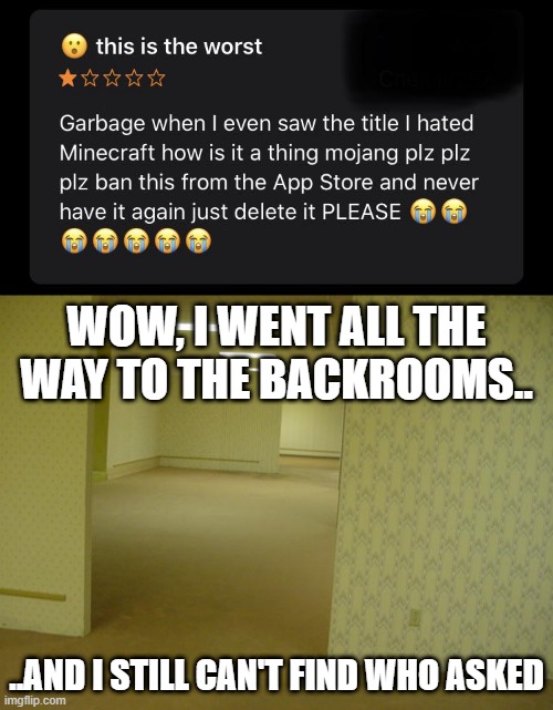 Are you kidding me?! | WOW, I WENT ALL THE WAY TO THE BACKROOMS.. ..AND I STILL CAN'T FIND WHO ASKED | image tagged in the backrooms,minecraft,shut up,memes,you dare oppose me mortal,hop in we're gonna find who asked | made w/ Imgflip meme maker