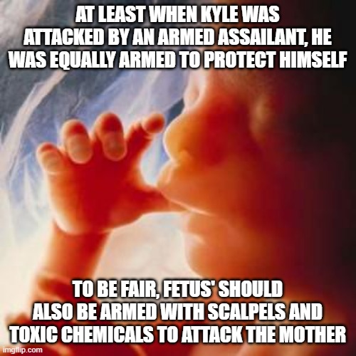 Fetus | AT LEAST WHEN KYLE WAS ATTACKED BY AN ARMED ASSAILANT, HE WAS EQUALLY ARMED TO PROTECT HIMSELF TO BE FAIR, FETUS' SHOULD ALSO BE ARMED WITH  | image tagged in fetus | made w/ Imgflip meme maker