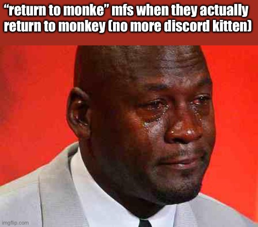 haha | “return to monke” mfs when they actually return to monkey (no more discord kitten) | image tagged in crying michael jordan | made w/ Imgflip meme maker