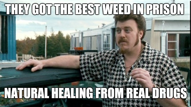 ricky trailer park boys | THEY GOT THE BEST WEED IN PRISON NATURAL HEALING FROM REAL DRUGS | image tagged in ricky trailer park boys | made w/ Imgflip meme maker