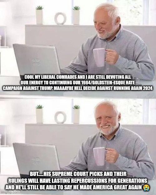 Hide the Pain Harold | COOL MY LIBERAL COMRADES AND I ARE STILL DEVOTING ALL OUR ENERGY TO CONTINUING OUR 1984/GOLDSTEIN-ESQUE HATE CAMPAIGN AGAINST TRUMP. MAAAAYBE HELL DECIDE AGAINST RUNNING AGAIN 2024; BUT.....HIS SUPREME COURT PICKS AND THEIR RULINGS WILL HAVE LASTING REPERCUSSIONS FOR GENERATIONS AND HE'LL STILL BE ABLE TO SAY HE MADE AMERICA GREAT AGAIN 😭 | image tagged in memes,hide the pain harold | made w/ Imgflip meme maker