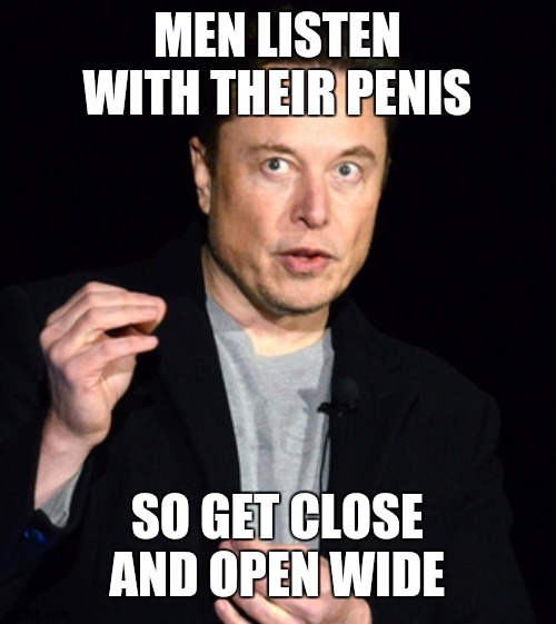 musk | MEN LISTEN WITH THEIR PENIS SO GET CLOSE AND OPEN WIDE | image tagged in musk | made w/ Imgflip meme maker
