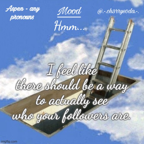 If there is and I don't know about it, I'm dumb. | Hmm... I feel like there should be a way to actually see who your followers are. | image tagged in aspen's temp | made w/ Imgflip meme maker