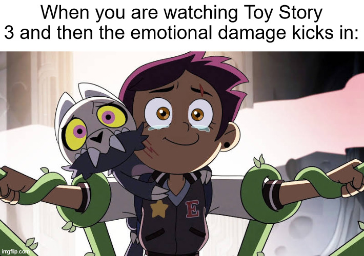 Toy Story 3 was the Best | When you are watching Toy Story 3 and then the emotional damage kicks in: | image tagged in toy story,the owl house | made w/ Imgflip meme maker