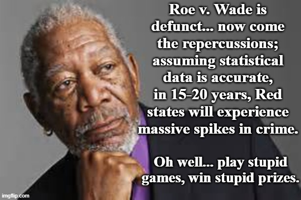Deep Thoughts By Morgan Freeman  | Roe v. Wade is defunct... now come the repercussions; assuming statistical data is accurate, in 15-20 years, Red states will experience massive spikes in crime. Oh well... play stupid games, win stupid prizes. | image tagged in deep thoughts by morgan freeman | made w/ Imgflip meme maker
