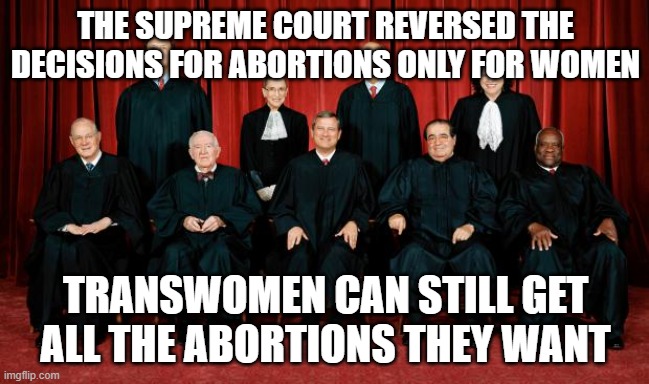 supreme court | THE SUPREME COURT REVERSED THE DECISIONS FOR ABORTIONS ONLY FOR WOMEN; TRANSWOMEN CAN STILL GET ALL THE ABORTIONS THEY WANT | image tagged in supreme court | made w/ Imgflip meme maker