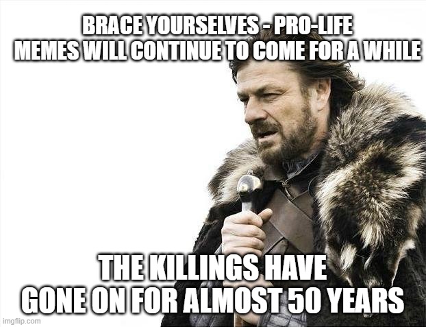 Brace Yourselves X is Coming |  BRACE YOURSELVES - PRO-LIFE MEMES WILL CONTINUE TO COME FOR A WHILE; THE KILLINGS HAVE GONE ON FOR ALMOST 50 YEARS | image tagged in memes,brace yourselves x is coming | made w/ Imgflip meme maker