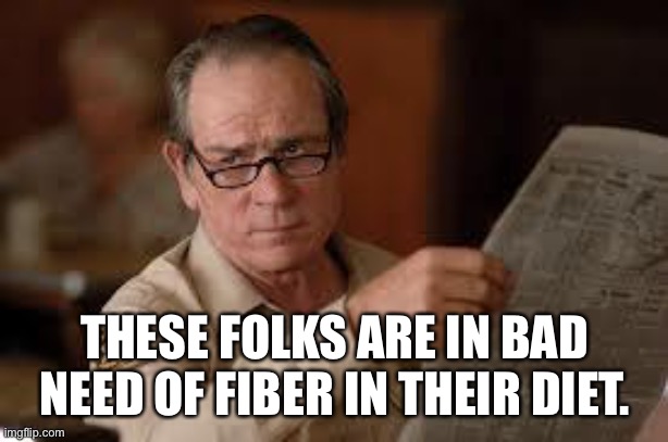 no country for old men tommy lee jones | THESE FOLKS ARE IN BAD NEED OF FIBER IN THEIR DIET. | image tagged in no country for old men tommy lee jones | made w/ Imgflip meme maker