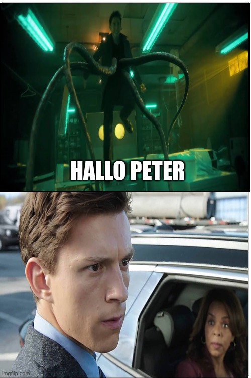 Spoiler | HALLO PETER | image tagged in memes,blank comic panel 1x2 | made w/ Imgflip meme maker