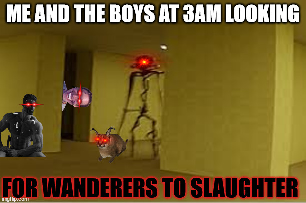 How the Backrooms have changed | ME AND THE BOYS AT 3AM LOOKING; FOR WANDERERS TO SLAUGHTER | image tagged in backrooms entity | made w/ Imgflip meme maker