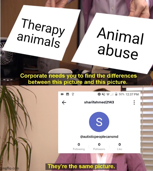 Autism hater thinks ESAs are abusive | Therapy animals; Animal abuse | image tagged in memes,they're the same picture | made w/ Imgflip meme maker