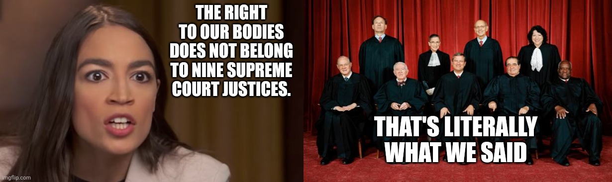SCOTUS doesn't own our bodies | THE RIGHT TO OUR BODIES DOES NOT BELONG TO NINE SUPREME COURT JUSTICES. THAT'S LITERALLY WHAT WE SAID | image tagged in aoc,supreme court,scotus | made w/ Imgflip meme maker