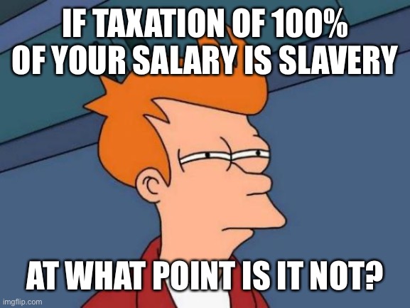 Futurama Fry Meme |  IF TAXATION OF 100% OF YOUR SALARY IS SLAVERY; AT WHAT POINT IS IT NOT? | image tagged in memes,futurama fry | made w/ Imgflip meme maker