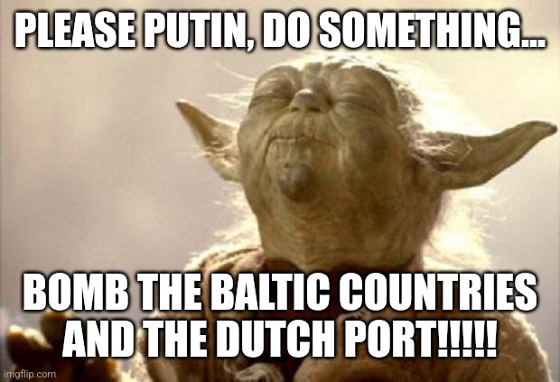 Kremlin Propaganda be like | PLEASE PUTIN, DO SOMETHING... BOMB THE BALTIC COUNTRIES AND THE DUTCH PORT!!!!! | image tagged in yoda smell,russia,propaganda | made w/ Imgflip meme maker