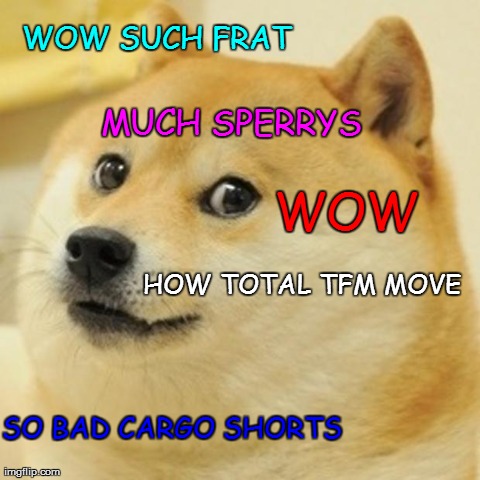 Doge Meme | WOW SUCH FRAT MUCH SPERRYS SO BAD CARGO SHORTS HOW TOTAL TFM MOVE WOW | image tagged in memes,doge | made w/ Imgflip meme maker