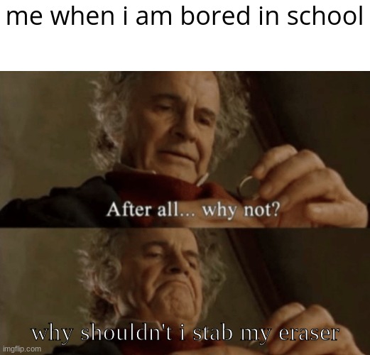 After all.. why not? | me when i am bored in school; why shouldn't i stab my eraser | image tagged in after all why not | made w/ Imgflip meme maker
