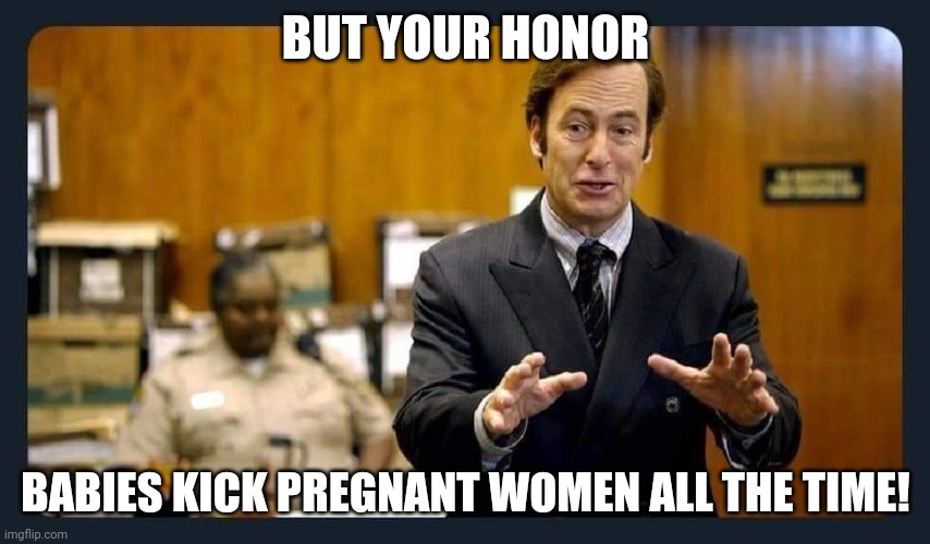 Your honour | BUT YOUR HONOR; BABIES KICK PREGNANT WOMEN ALL THE TIME! | image tagged in your honour | made w/ Imgflip meme maker